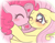 Size: 1280x996 | Tagged: safe, artist:momo, fluttershy, pinkie pie, earth pony, pegasus, pony, blushing, cute, diapinkes, eyes closed, female, floppy ears, flutterpie, heart, kissing, lesbian, mare, one eye closed, shipping, shyabetes, smiling, sparkles, wink