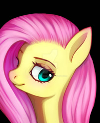 Size: 1024x1265 | Tagged: safe, artist:sinekrilka, fluttershy, pegasus, pony, black background, bust, looking at you, portrait, simple background, solo, watermark