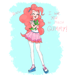 Size: 2024x2024 | Tagged: safe, artist:insanitylittlered, derpibooru import, gummy, pinkie pie, human, equestria girls, clothes, cuddling, cute, dialogue, diapinkes, duo, eyes closed, hairband, high res, miniskirt, moe, open mouth, pantyhose, partial background, sandals, skirt