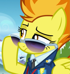 Size: 647x689 | Tagged: safe, derpibooru import, screencap, spitfire, pegasus, pony, top bolt, aviator glasses, clothes, frown, hoof hold, incredulous, lidded eyes, necktie, raised eyebrow, reaction image, shirt, solo, sunglasses, uniform