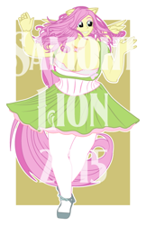 Size: 400x618 | Tagged: safe, alternate version, artist:samoht-lion, derpibooru import, fluttershy, pegasus, pony, breasts, clothes, costume, female, hootershy, obtrusive watermark, pantyhose, shoes, skirt, solo, watermark