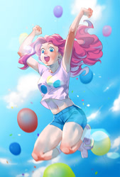 Size: 700x1033 | Tagged: safe, artist:kiryue, pinkie pie, human, armpits, arms in the air, balloon, belly button, clothes, cloud, confetti, female, humanized, jumping, lens flare, midriff, open mouth, sexy, shirt, shoes, shorts, sky, solo, thighs