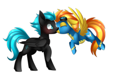 Size: 3000x1871 | Tagged: safe, artist:scarlet-spectrum, derpibooru import, spitfire, oc, oc:thunderwing, pegasus, pony, blushing, canon x oc, clothes, commission, eyes closed, floating, goggles, kissing, raised hoof, shipping, simple background, transparent background, wonderbolts uniform