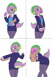 Size: 1272x1902 | Tagged: safe, artist:carnifex, derpibooru import, barb, spike, anthro, adorkable, assistant, barbabetes, blushing, clothes, cute, dork, female, glasses, miniskirt, moe, pantyhose, rule 63, rule63betes, skirt, solo, suit, thighs, tights