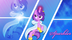 Size: 1920x1080 | Tagged: safe, artist:equestria-prevails, artist:geckoguy404, derpibooru import, amethyst star, sparkler, cloak, clothes, lens flare, magic, shoes, vector, wallpaper, zoom layer