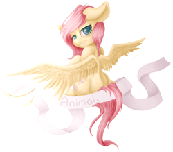 Size: 1728x1515 | Tagged: safe, artist:hamatte, fluttershy, pegasus, pony, looking back, sitting, solo, spread wings