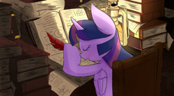 Size: 1200x663 | Tagged: safe, artist:joycall6, derpibooru import, twilight sparkle, twilight sparkle (alicorn), alicorn, pony, book, female, lantern, mare, pile, princess sleeping on books, sleeping, solo, studying, table