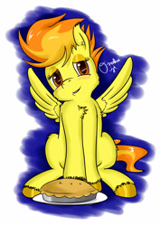 Size: 2480x3507 | Tagged: safe, artist:osakaoji, derpibooru import, spitfire, apple, apple pie, food, pie, solo, swedish spitfire, unshorn fetlocks