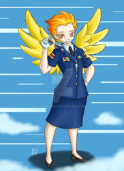 Size: 900x1238 | Tagged: safe, artist:yunsildin, derpibooru import, spitfire, human, humanized, solo, sunglasses, watermark, winged humanization, wonderbolts dress uniform