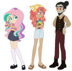 Size: 637x628 | Tagged: safe, artist:selenaede, artist:unicorngutz, discord, fluttershy, tree hugger, human, alternate hairstyle, bandana, base used, beard, bisexual, boots, clothes, discord gets all the mares, discoshy, facial hair, feet, female, flats, flutterhugger, humanized, jeans, lesbian, male, mary janes, pants, pleated skirt, polyamory, sandals, shipping, shirt, shoes, shorts, simple background, skirt, socks, stockings, straight, sweater, t-shirt, thigh highs, transparent background, treecord, treecordshy, vest, zettai ryouiki