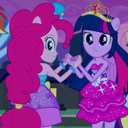 Size: 570x570 | Tagged: safe, derpibooru import, screencap, fluttershy, pinkie pie, rainbow dash, twilight sparkle, twilight sparkle (alicorn), alicorn, equestria girls, equestria girls (movie), bare shoulders, big crown thingy, clothes, cropped, dress, duo focus, fall formal outfits, female, holding hands, jewelry, ponied up, regalia, sleeveless, strapless, tiara, twilight ball dress