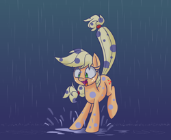 Size: 1100x900 | Tagged: safe, artist:heir-of-rick, applejack, earth pony, pony, daily apple pony, hatless, missing accessory, puddle, rain, raised tail, smiling