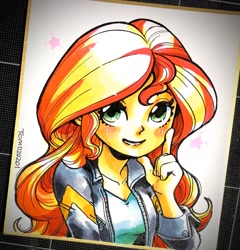 Size: 1769x1846 | Tagged: safe, artist:babtyu, sunset shimmer, equestria girls, clothes, female, jacket, leather jacket, looking at you, marker drawing, solo, traditional art