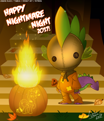 Size: 1200x1400 | Tagged: safe, artist:lennonblack, rarity, spike, dragon, pony, unicorn, clothes, costume, fire, halloween, holiday, jack-o-lantern, looking at you, mask, pumpkin, sam, samhain, trick 'r treat