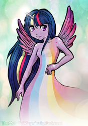 Size: 1024x1461 | Tagged: safe, artist:themetallicwing, derpibooru import, twilight sparkle, twilight sparkle (alicorn), alicorn, human, horned humanization, humanized, rainbow power, solo, winged humanization