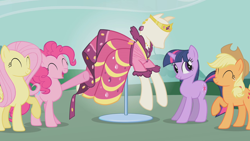 Size: 1280x720 | Tagged: safe, screencap, applejack, fluttershy, pinkie pie, twilight sparkle, earth pony, pegasus, pony, suited for success, clothes, dress, gala dress