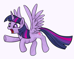 Size: 1280x1031 | Tagged: safe, artist:mn27, derpibooru import, twilight sparkle, twilight sparkle (alicorn), alicorn, pony, female, flying, mare, open mouth, pointing, solo, spread wings, wide eyes