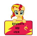 Size: 150x147 | Tagged: safe, artist:majkashinoda626, sunset shimmer, pony, unicorn, happy, request info, requests are open, sign, solo