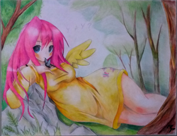 Size: 3008x2322 | Tagged: safe, artist:therainbowphoenix, fluttershy, human, armpits, breasts, female, hootershy, humanized, paper, sketch, solo, trace, traditional art