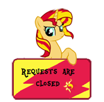 Size: 150x147 | Tagged: safe, artist:majkashinoda626, sunset shimmer, pony, unicorn, angry, request info, requests are closed, sign, solo