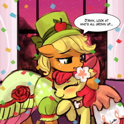 Size: 750x750 | Tagged: safe, artist:lumineko, apple bloom, applejack, earth pony, pony, make new friends but keep discord, blushing, bow, clothes, dress, eyes closed, female, filly, freckles, gala dress, hair bow, hat, hug, mare, open mouth, smiling