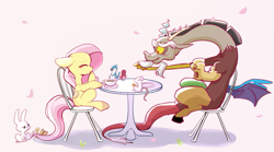 Size: 721x400 | Tagged: safe, artist:youhoujou, angel bunny, discord, fluttershy, bird, blue jay, draconequus, mouse, pegasus, pony, blushing, coffee, cup, cute, discute, eyes closed, female, food, male, mare, missing cutie mark, pink background, simple background, tea party, teacup