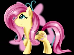 Size: 1024x768 | Tagged: safe, artist:scarlett-letter, fluttershy, butterfly, pegasus, pony, black background, cute, cutie mark, happy, raised hoof, simple background, smiling, solo