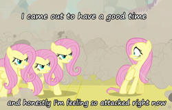 Size: 700x450 | Tagged: safe, screencap, fluttershy, changeling, pegasus, pony, a canterlot wedding, angry, image macro, meme, scared, smiling