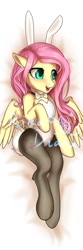 Size: 400x1201 | Tagged: safe, artist:rikadiane, derpibooru import, fluttershy, pegasus, pony, body pillow, body pillow design, bowtie, bunny ears, bunny suit, bunnyshy, clothes, cute, female, leotard, mare, obtrusive text, on back, open mouth, pantyhose, shyabetes, signature, solo