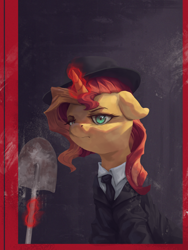 Size: 3000x4000 | Tagged: safe, artist:vanillaghosties, sunset shimmer, pony, unicorn, clothes, eminem, floppy ears, glowing horn, hat, horn, magic, necktie, shovel, slim shady, solo, suit, telekinesis