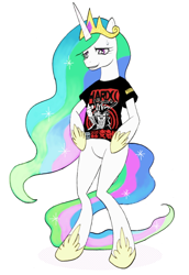 Size: 550x801 | Tagged: safe, artist:zimoguri, princess celestia, alicorn, pony, semi-anthro, bipedal, clothes, crown, jewelry, regalia, shirt, simple background, solo, t-shirt, white background