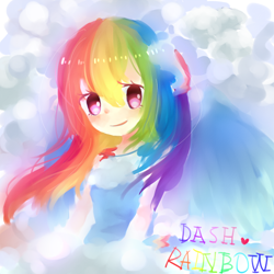 Size: 1600x1600 | Tagged: safe, artist:sea, derpibooru import, rainbow dash, human, cute, dashabetes, female, heart, humanized, pixiv, solo, winged humanization, wings