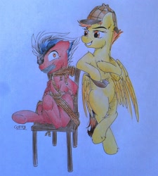 Size: 1920x2134 | Tagged: safe, artist:coffytacotuesday, derpibooru import, spitfire, oc, oc:thunderstreak, pony, bipedal, bondage, chair, deerstalker, eyepatch, gag, hat, pipe, rope, rope bondage, tape gag, tied up, traditional art