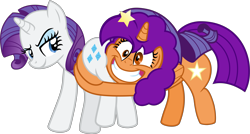 Size: 9233x4944 | Tagged: safe, artist:nupiethehero, rarity, oc, oc:nupie, oc:starlena, pony, unicorn, absurd resolution, butt touch, butthug, faceful of ass, female, hug, lesbian, pinkie hugging applejack's butt, ponysona, purple hair, purple hair is sexy, rule 63