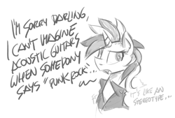 Size: 500x338 | Tagged: safe, artist:flutterthrash, rarity, pony, unicorn, it isn't the mane thing about you, alternate hairstyle, black and white, dialogue, female, grayscale, mare, monochrome, punk, raripunk, simple background, solo, white background