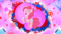 Size: 2560x1440 | Tagged: safe, artist:peachspices, artist:skrayp, pinkie pie, earth pony, pony, confetti, eyes closed, party cannon, remake, vector, wallpaper