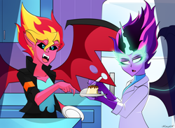 Size: 4448x3259 | Tagged: safe, artist:xan-gelx, midnight sparkle, sci-twi, sunset satan, sunset shimmer, twilight sparkle, demon, equestria girls, clothes, coat, dress, fangs, female, fingerless gloves, food, gloves, jacket, kitchen, lab coat, leather jacket, midnightsatan, open mouth, plate, pudding, refrigerator, spoon