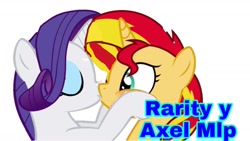 Size: 1182x665 | Tagged: safe, artist:axelsanchez, rarity, sunset shimmer, pony, unicorn, female, kissing, lesbian, love, photo, shipping, sunsarity