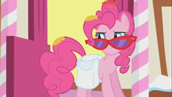 Size: 1366x768 | Tagged: safe, screencap, pinkie pie, earth pony, pony, dragonshy, animation error, no mouth, solo, sunglasses