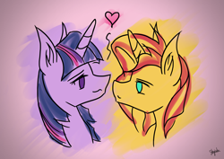 Size: 4961x3508 | Tagged: safe, artist:shyinka, sunset shimmer, twilight sparkle, pony, unicorn, equestria girls, bust, cute, female, heart, lesbian, lidded eyes, looking at each other, looking into each others eyes, love, portrait, shimmerbetes, shipping, shipping fuel, sunsetsparkle