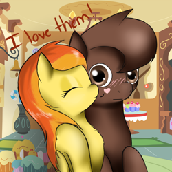 Size: 800x800 | Tagged: safe, artist:spittfireart, derpibooru import, spitfire, oc, oc:chocolate pony, chocolate pony, food pony, original species, :, ask, blushing, canon x oc, cute, eyes closed, female, fluffy, food, heart, kissing, male, nuzzling, raised hoof, shipping, sitting, smiling, straight, surprise kiss, surprised, tumblr, wide eyes