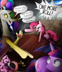 Size: 1020x1200 | Tagged: safe, artist:skyeypony, derpibooru import, discord, pinkie pie, twilight sparkle, earth pony, pony, dreamworks, the road to el dorado