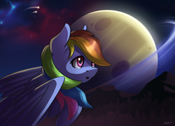 Size: 3587x2583 | Tagged: safe, artist:nookprint, derpibooru import, rainbow dash, pegasus, pony, night, open mouth, planet, sky, solo, stars