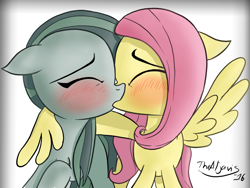 Size: 1280x960 | Tagged: safe, artist:thealjavis, fluttershy, marble pie, earth pony, pegasus, pony, blushing, eyes closed, female, hug, kissing, lesbian, marbleshy, mare, raised hoof, shipping, simple background, winghug