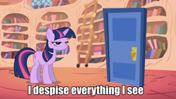 Size: 960x540 | Tagged: safe, derpibooru import, twilight sparkle, door, frown, grumpy twilight, image macro, looking at you, meme, solo, unamused