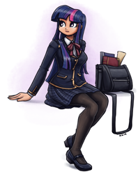 Size: 1500x1893 | Tagged: safe, artist:king-kakapo, derpibooru import, twilight sparkle, human, bag, book, book bag, clothes, cute, female, humanized, mary janes, pantyhose, plaid skirt, pleated skirt, school uniform, scroll, simple background, sitting, skirt, solo, twiabetes, white background