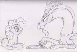 Size: 2628x1761 | Tagged: safe, artist:utahraptorz-poniez, discord, pinkie pie, earth pony, pony, monochrome, prone, sketch, tic tac toe, traditional art