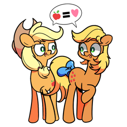 Size: 1280x1280 | Tagged: safe, artist:duop-qoub, artist:turtlefarminguy, applejack, applejack (g1), earth pony, pony, g1, my little pony 'n friends, applejack's hat, bow, cowboy hat, cutie mark, dialogue, duo, female, g1 to g4, generation leap, generational ponidox, hat, looking at each other, open mouth, speech bubble, tail bow, that pony sure does love apples