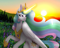 Size: 3976x3200 | Tagged: safe, artist:minelvi, artist:sashaartheart, princess celestia, alicorn, pony, collaboration, bipedal, crown, jewelry, magic, peytral, raising the sun, regalia, solo, sun