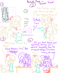 Size: 4779x6013 | Tagged: safe, artist:adorkabletwilightandfriends, coco pommel, rarity, earth pony, pony, unicorn, comic:adorkable twilight and friends, absurd resolution, adorkable friends, blushing, comic, curtains, cute, dialogue, duo, fashion, floppy ears, friendship, humor, lineart, mouth hold, plot, rain, sad, sewing machine, slice of life, stitching, teasing, window